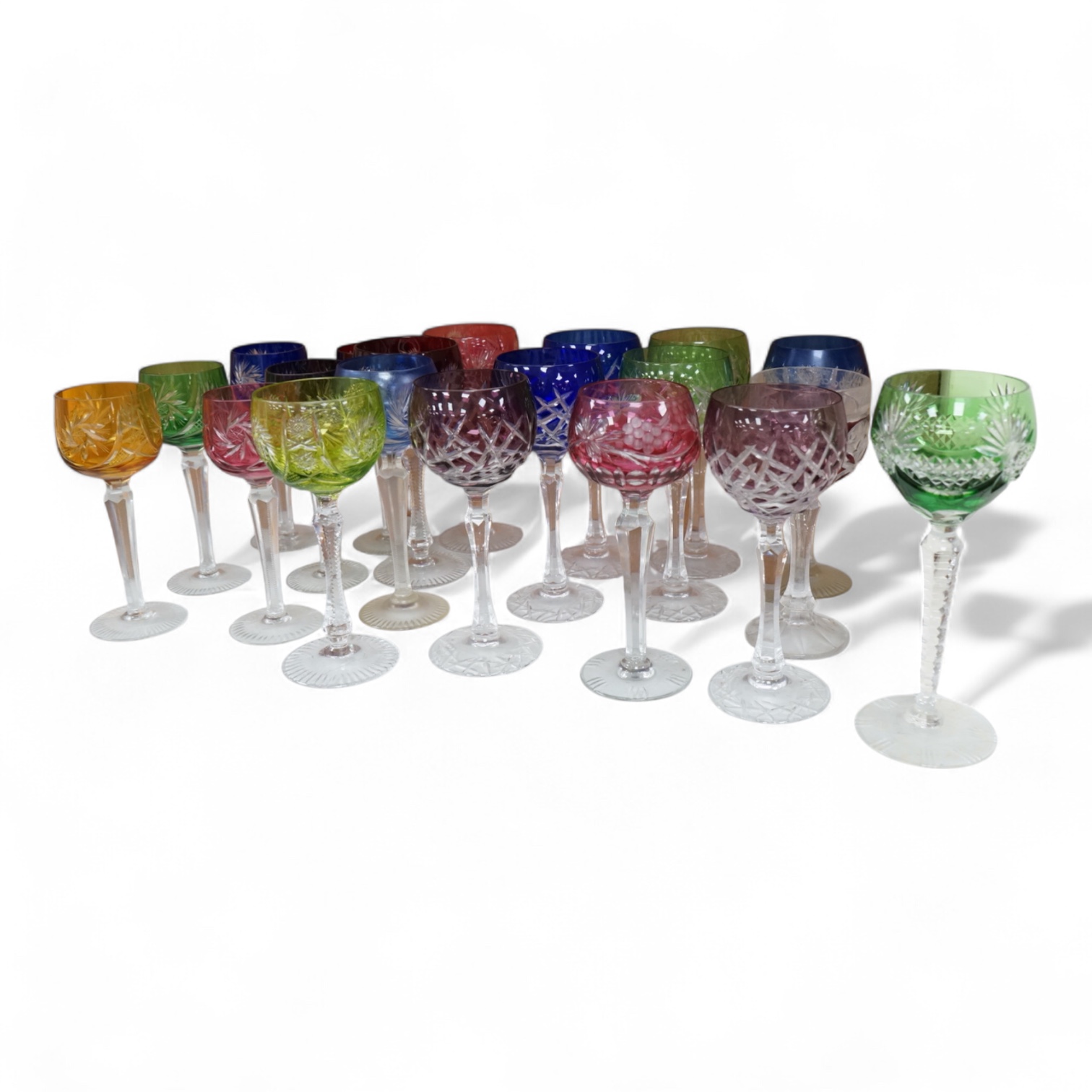 Twenty various Bohemian cut wine glasses, with coloured bowls, 21cm high.